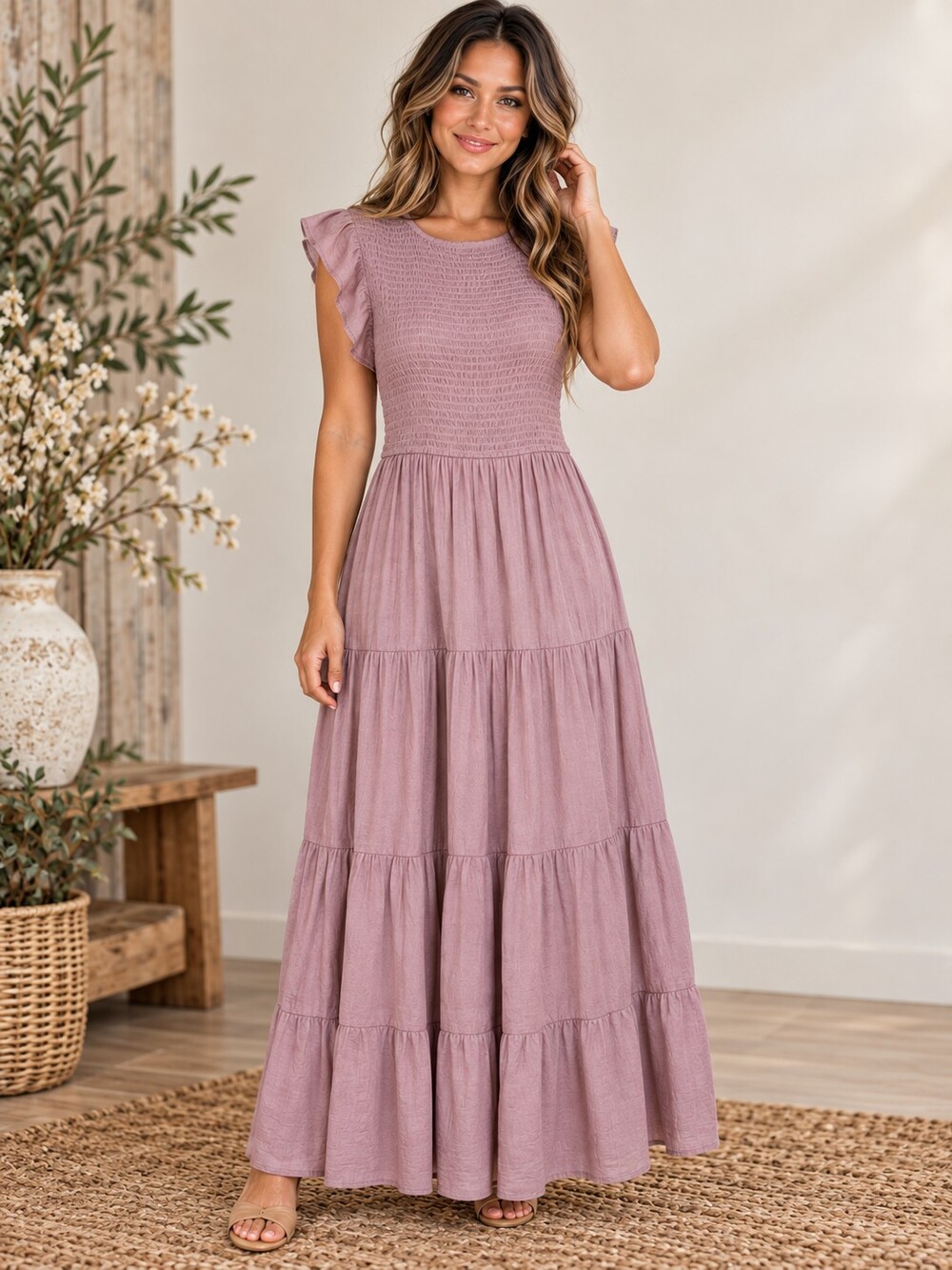 A117. By The River Tiered Maxi Dress Smocked Pink Small